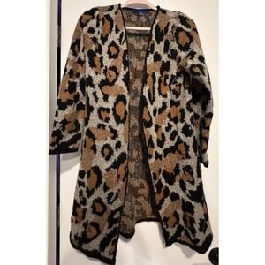 APT. 9 Women's MEDIUM Open Front BLACK & TAN LEOPARD Print LONG CARDIGAN SWEATER